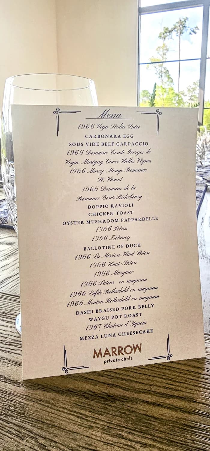 The printed menu for a recent nine-course tasting evening